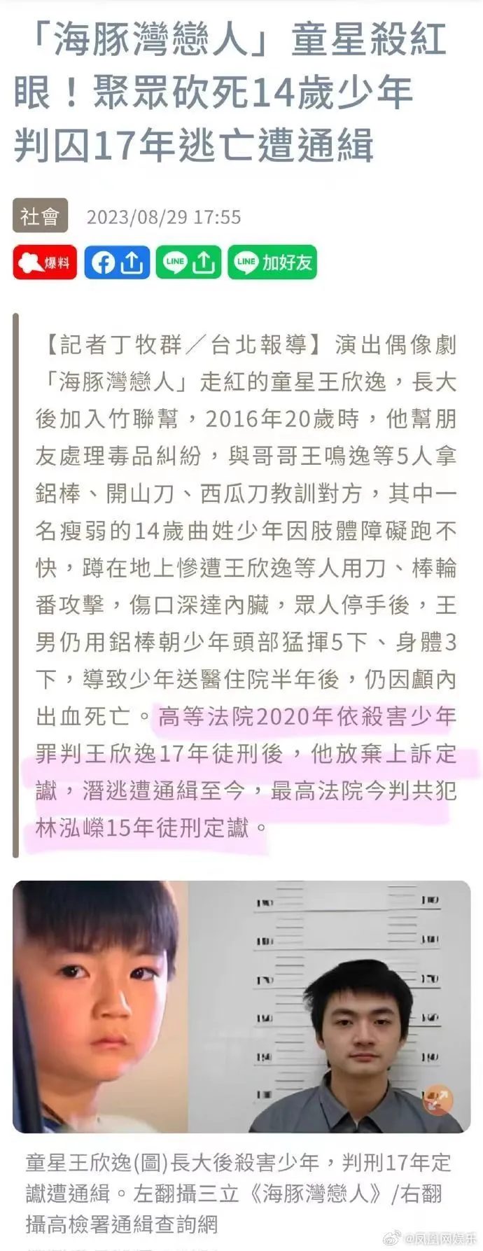 《海豚湾恋人》童星王欣逸杀人潜逃被判刑17年 通缉照曝光封面图